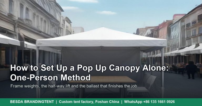 White pop up canopy tent with a folding table and chairs standing alone on a paved market square, illustrated cover