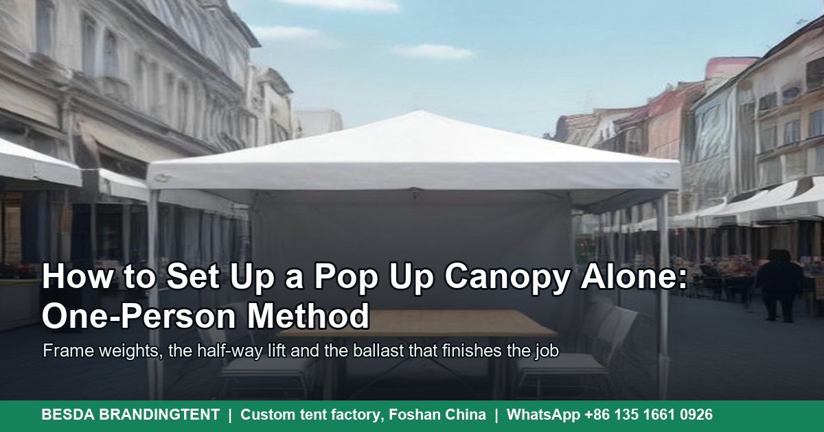 White pop up canopy tent with a folding table and chairs standing alone on a paved market square, illustrated cover