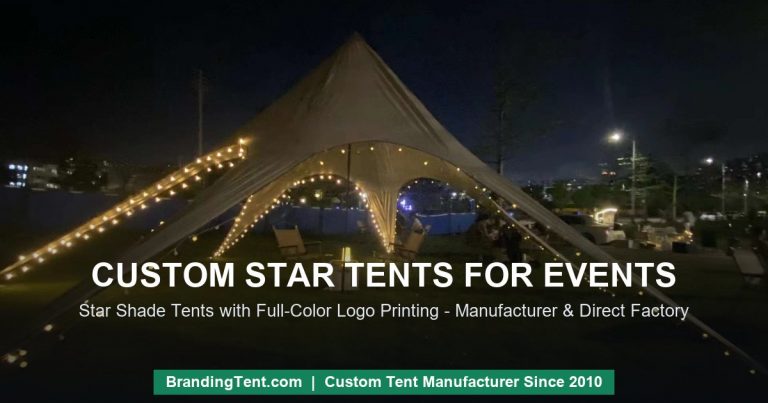 Custom star shade tent with LED lighting at a night brand event, manufactured by BrandingTent
