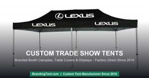 Custom trade show tent with full-color logo canopy serving as a branded exhibition booth
