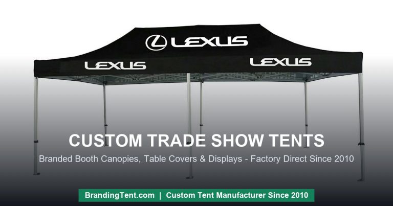 Custom trade show tent with full-color logo canopy serving as a branded exhibition booth