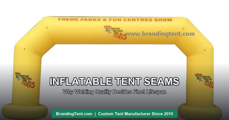Inflatable arch structure with visible welded seam construction for brand promotion