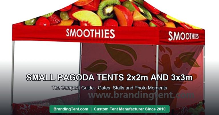 Small printed pagoda tent used as a compact branded entrance and stall unit