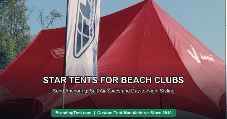 Star shade tent in an outdoor coastal setting styled for day-to-night resort events
