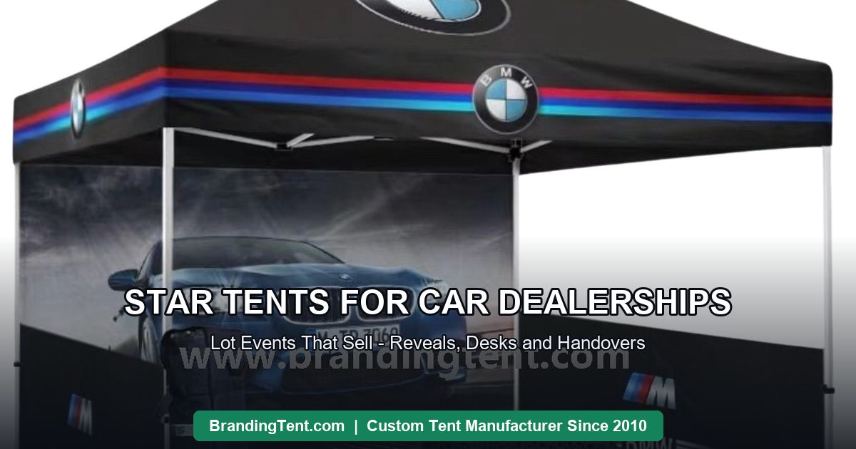 High-peak printed tent sheltering a vehicle at a car dealership lot event