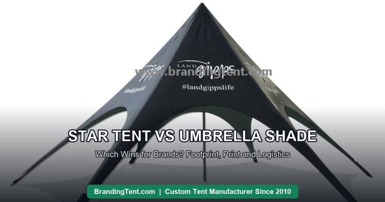 Star shade tent with radiating printed canopy compared against umbrella-style shade options