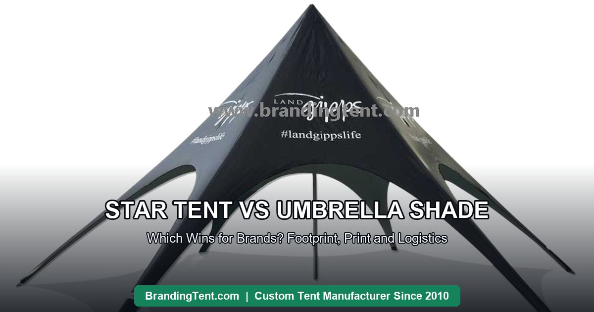 Star shade tent with radiating printed canopy compared against umbrella-style shade options