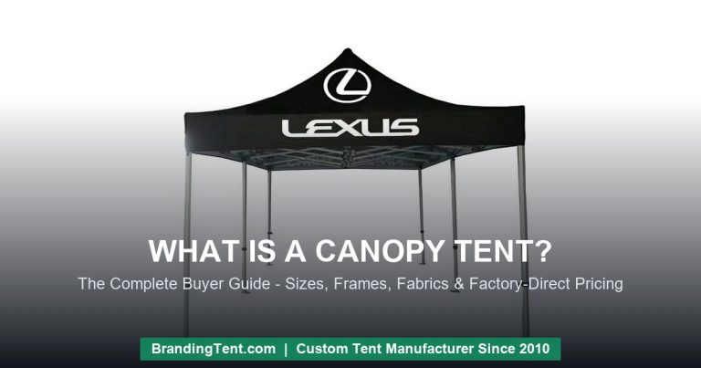 Custom printed pop-up canopy tent with logo serving as a branded event booth