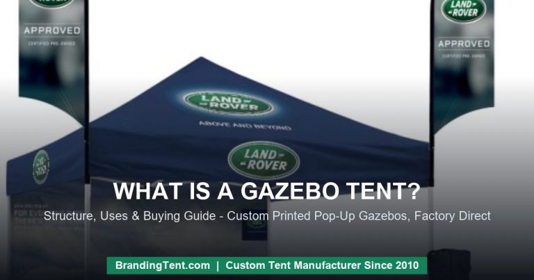 Custom gazebo tent for a Land Rover dealership event: printed navy pop-up gazebo with feather flags, manufactured by Besda BrandingTent