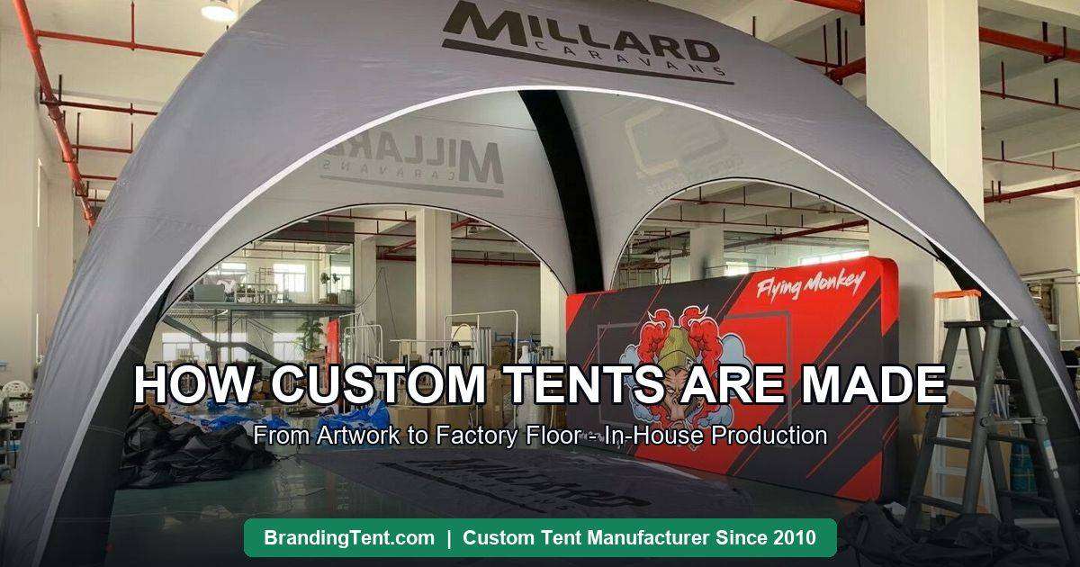 Custom tent production inside the factory: printed inflatable tent and branded backdrop under assembly