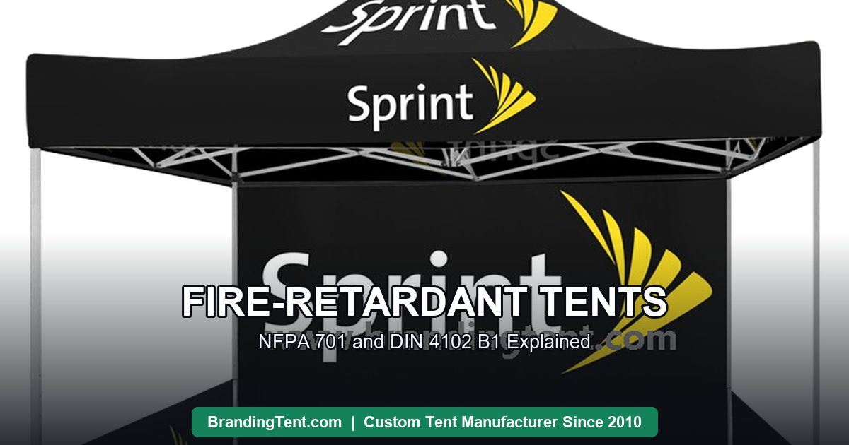 Fire-retardant rated custom tent: printed pop-up canopy with treated fabric panels