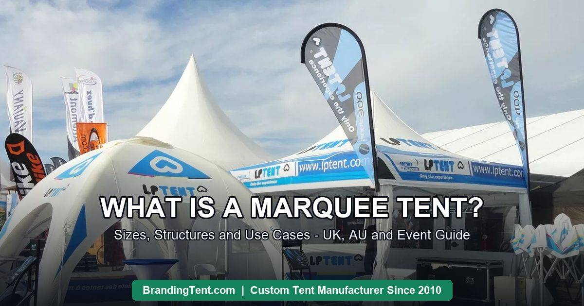 White marquee tents and pagoda structures forming an event village with feather flags