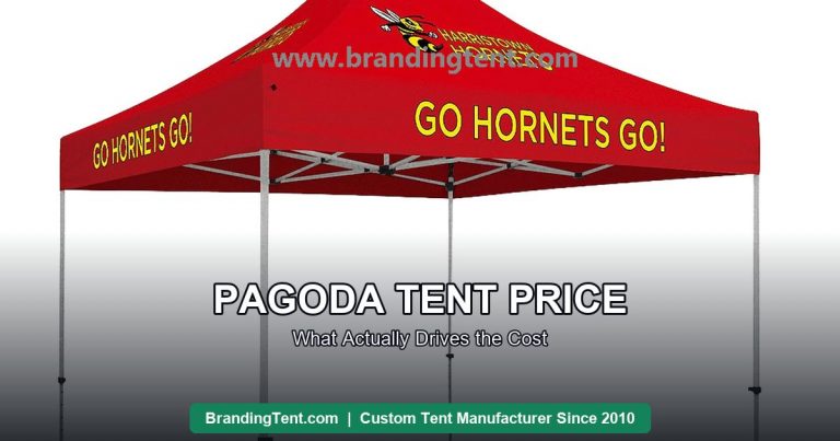 Pagoda tent cost assessment: printed red pagoda canopy showing fabric, frame and print quality