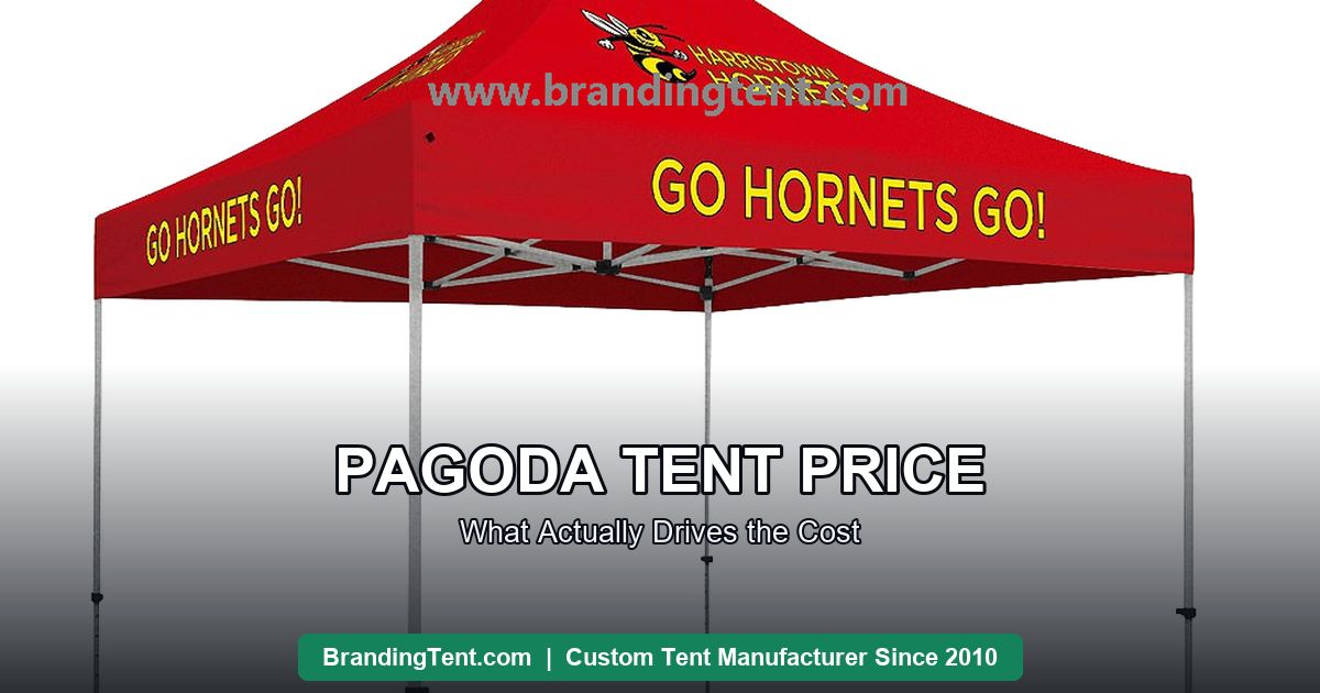 Pagoda tent cost assessment: printed red pagoda canopy showing fabric, frame and print quality
