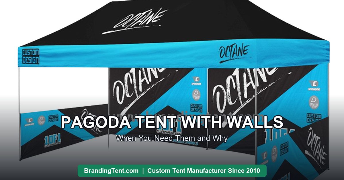 Pagoda tent with full printed walls configured as an enclosed branded exhibition booth
