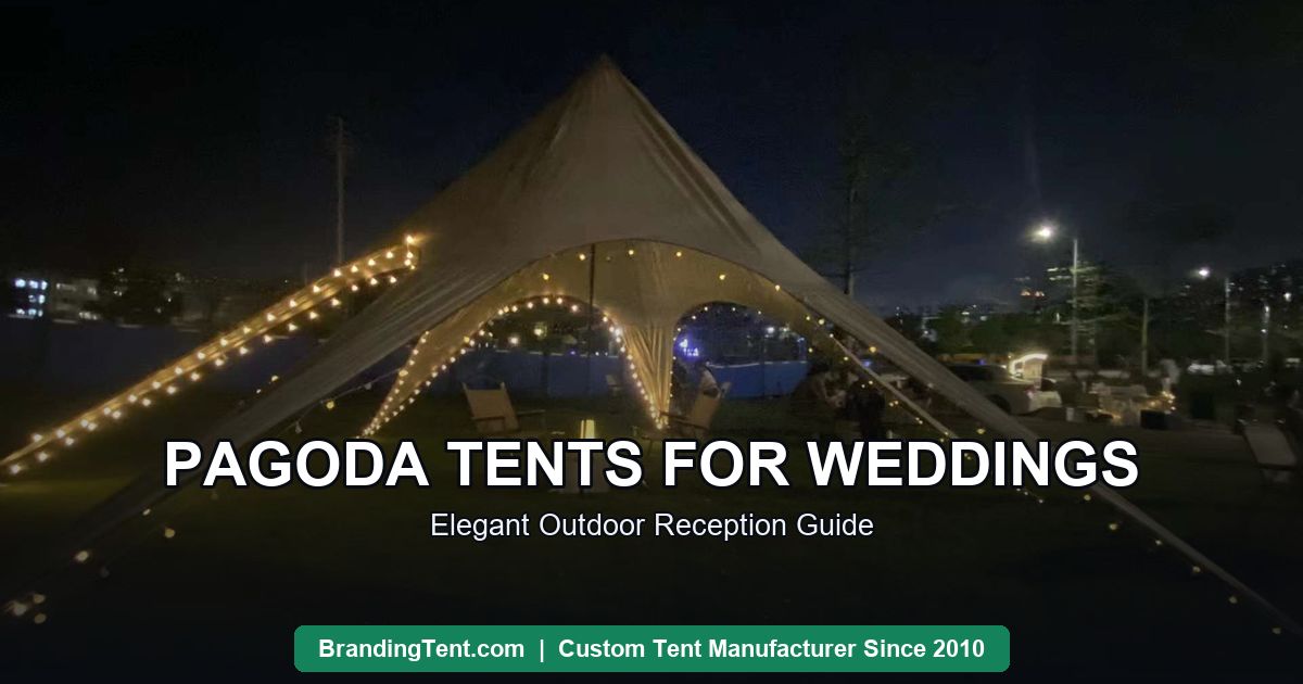 Pagoda tent styled for an outdoor wedding reception at night with warm string lighting