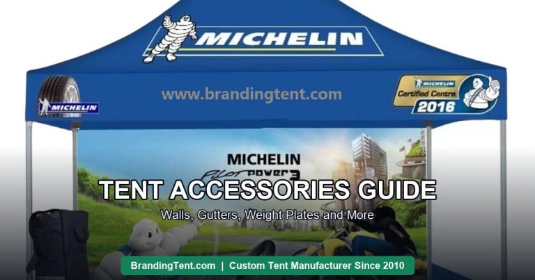Branded event tent with printed walls and matching table cover — a complete accessory kit in use
