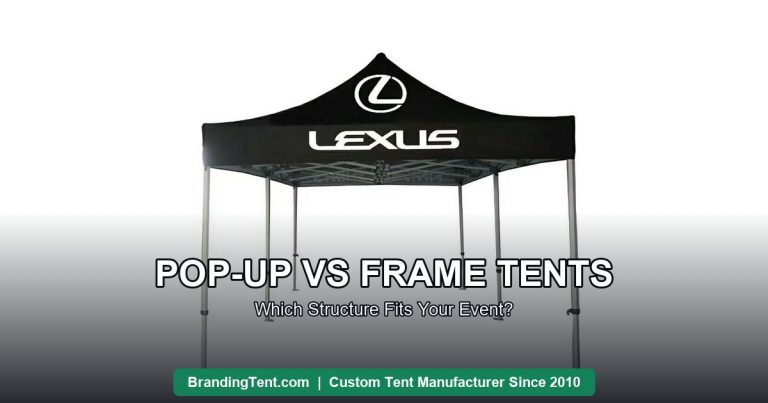 Black high-peak custom pop-up tent with printed valance for a premium car brand