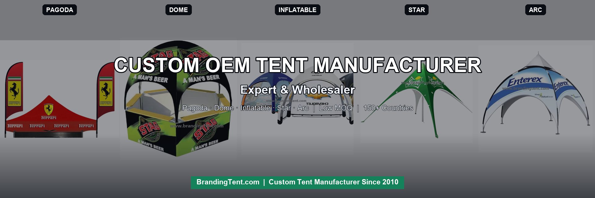 Tent range overview showing dome and printed structures from one supplier