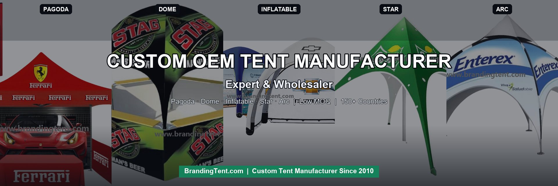 Multi-tent supplier lineup showing advertising, dome and star structures