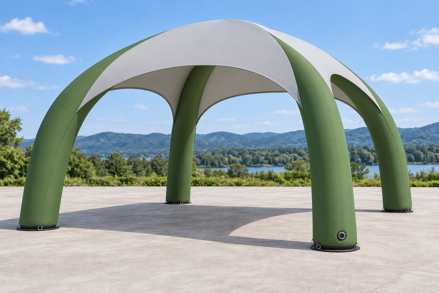 Complete green inflatable event canopy with rounded air-supported legs and a gray roof