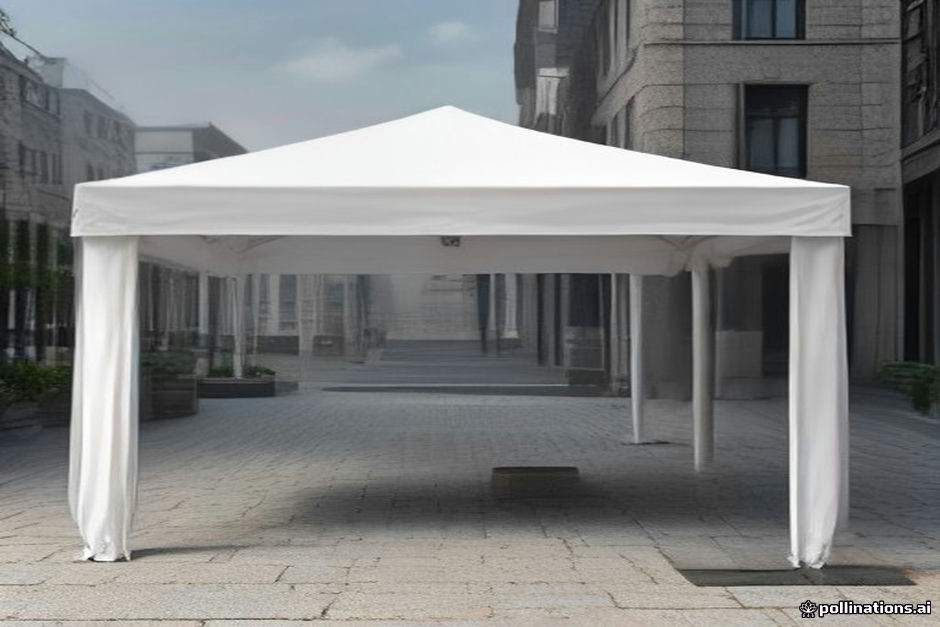 White pop up canopy tent with open sides standing on a paved town square