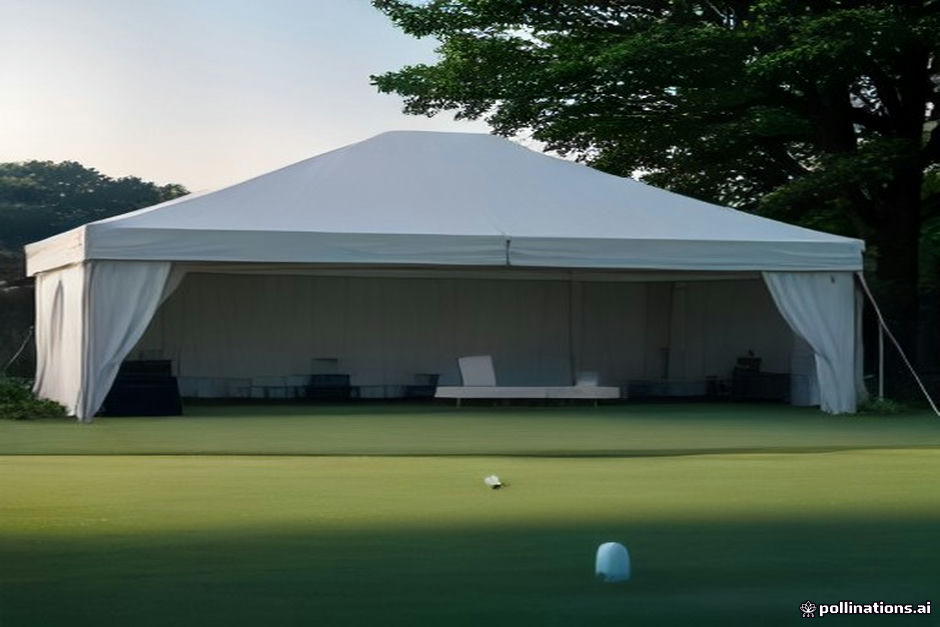 White canopy tent with open sides beside a putting green on a golf course
