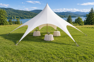 Complete white single-center-pole star canopy with reception tables and perimeter attachment points